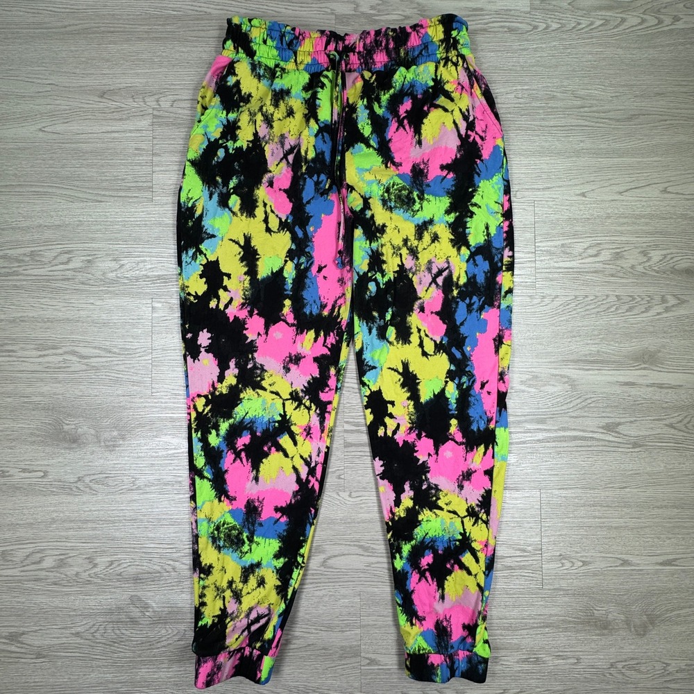 Feathers Women's Joggers Tie Dye Neon Pink Yellow Blue XL Elastic Waist Pockets